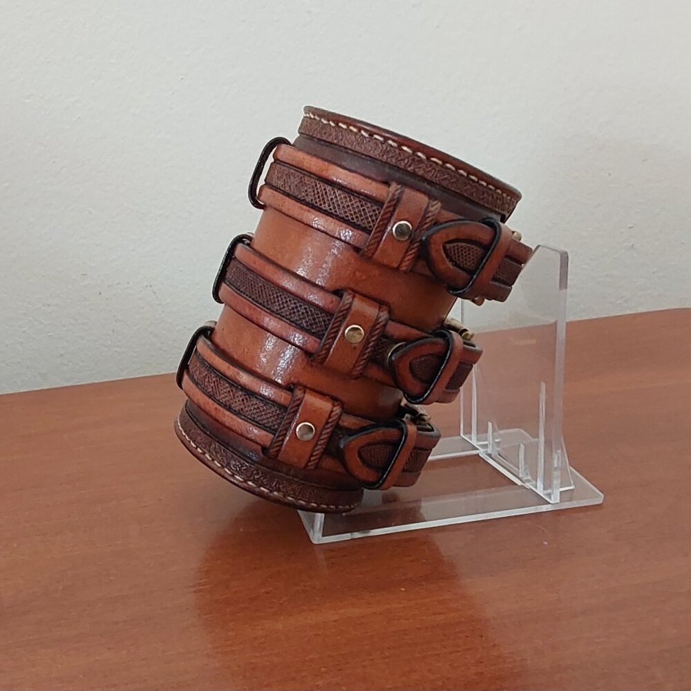Hand tooled Wide Leather Cuff Bracelet with Triple Straps - Picture 8 of 12